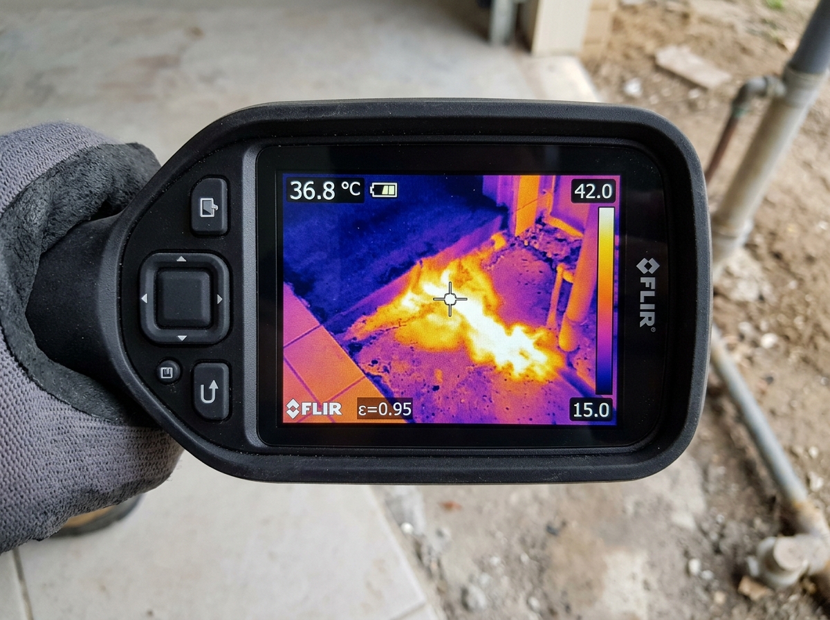 Thermal imaging scan revealing hot water heat plume spreading beneath floor in North Miami